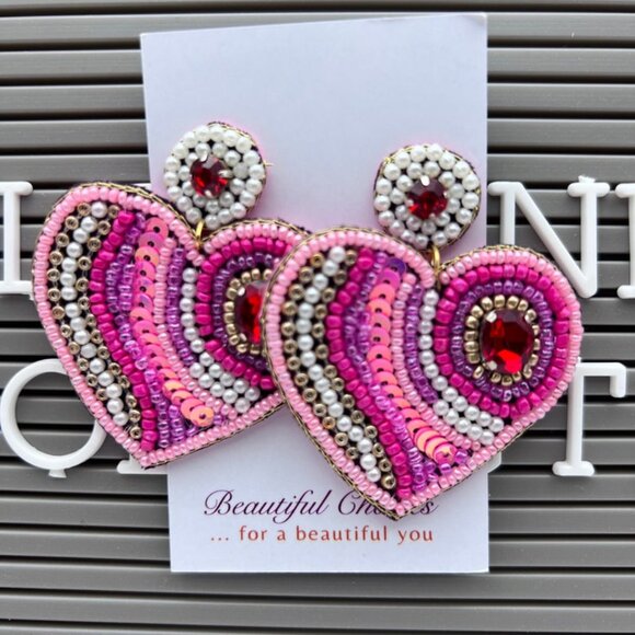 Handmade Beaded Earrings Beautiful Pink Hearts Jewelry - Picture 1 of 3